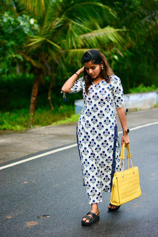 Blue & white floral printed cotton 2 piece kurti suit