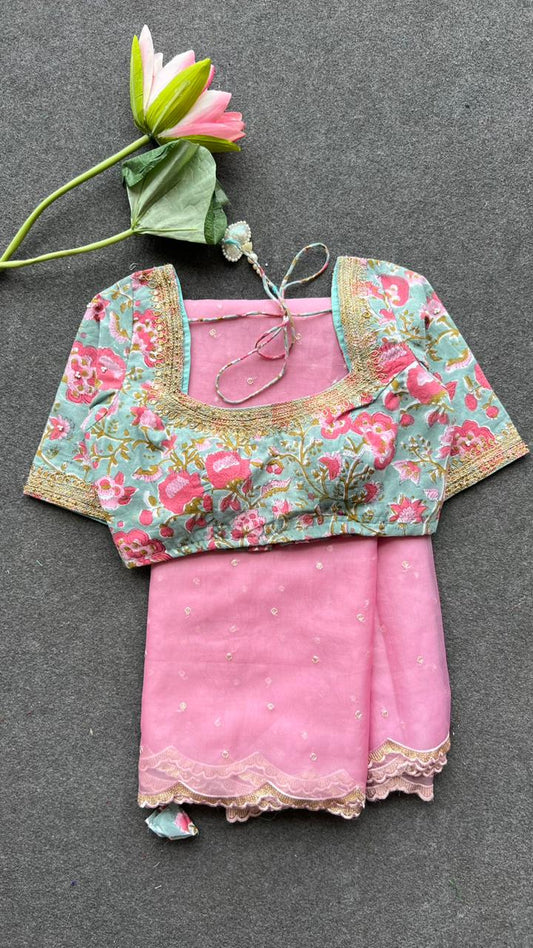 Onion pink organza saree with hand worked blouse