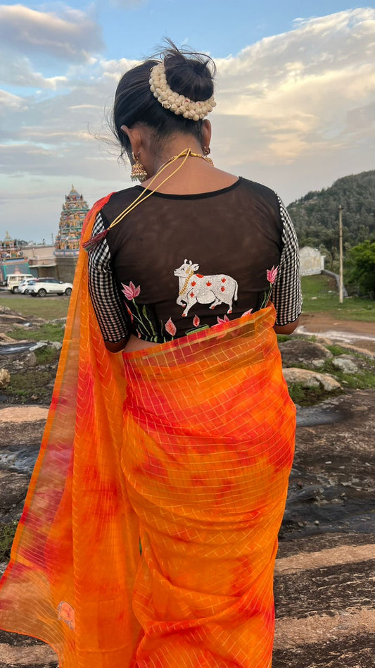 Multi organza checked saree with cow embroidery blouse