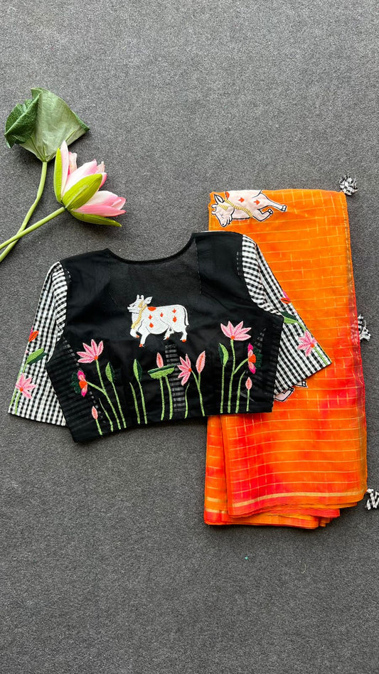 Pure jute silk cow embroidery blouse