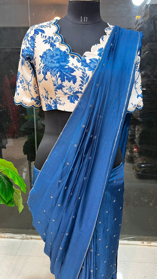 Aegean blue jute saree with cream white handmade blouse