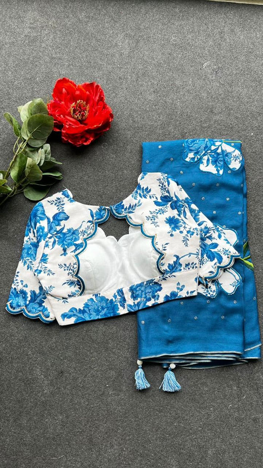 Blue & white hand work blouse