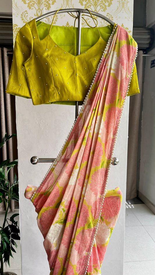 Pink floral cotton saree with lime yellow silk hand work blouse