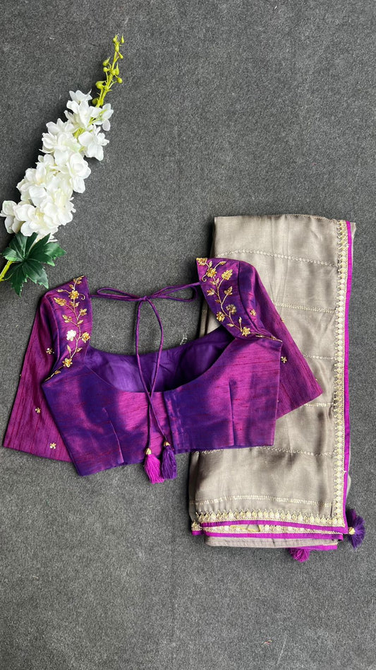 Purple silk shoulder hand worked blouse