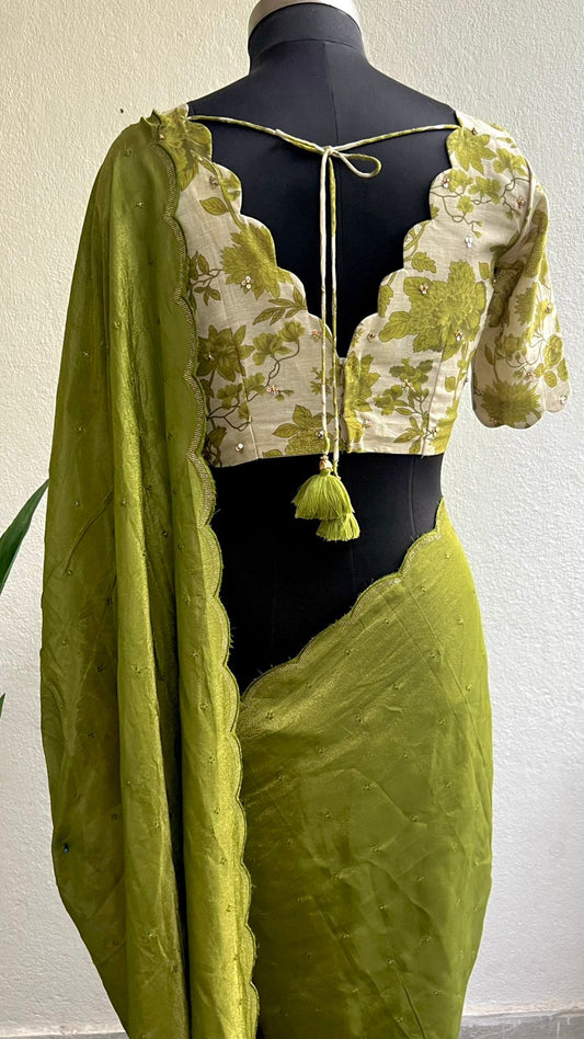 Green tissue embroidery saree with linen hand worked blouse
