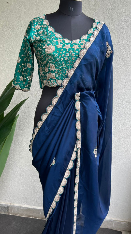 Hand made midnight blue saree with blue blouse