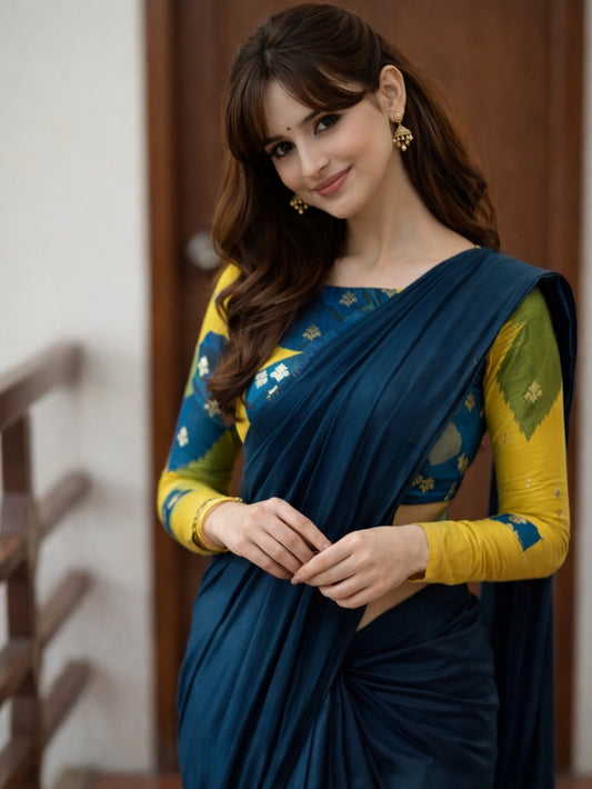 Deep blue marble silk saree with embroidery blouse
