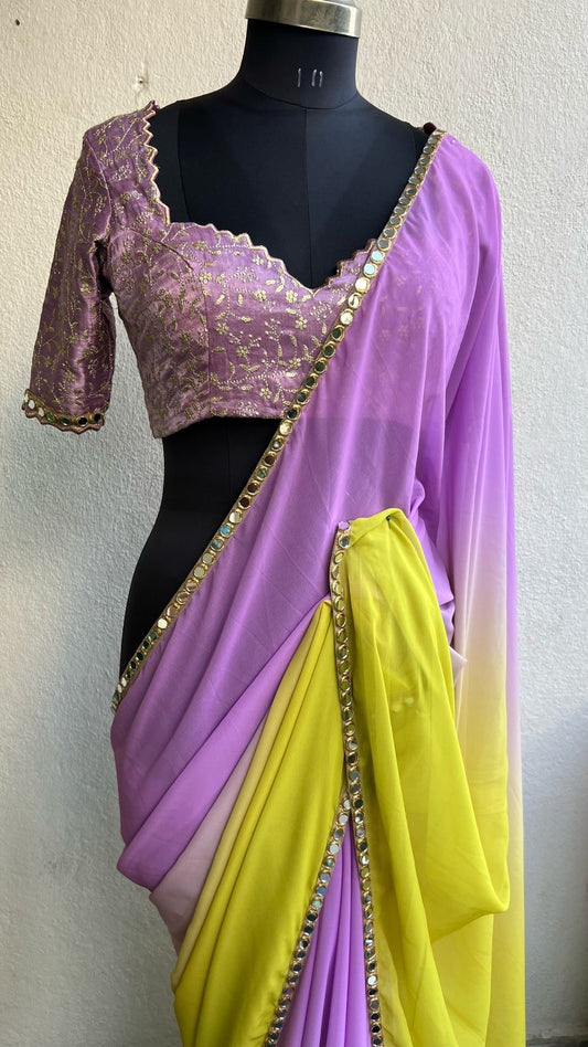 Lime lavender georgette saree with hand worked blouse