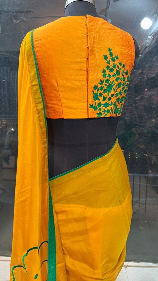 Mustard yellow soft organza saree with embroidery blouse