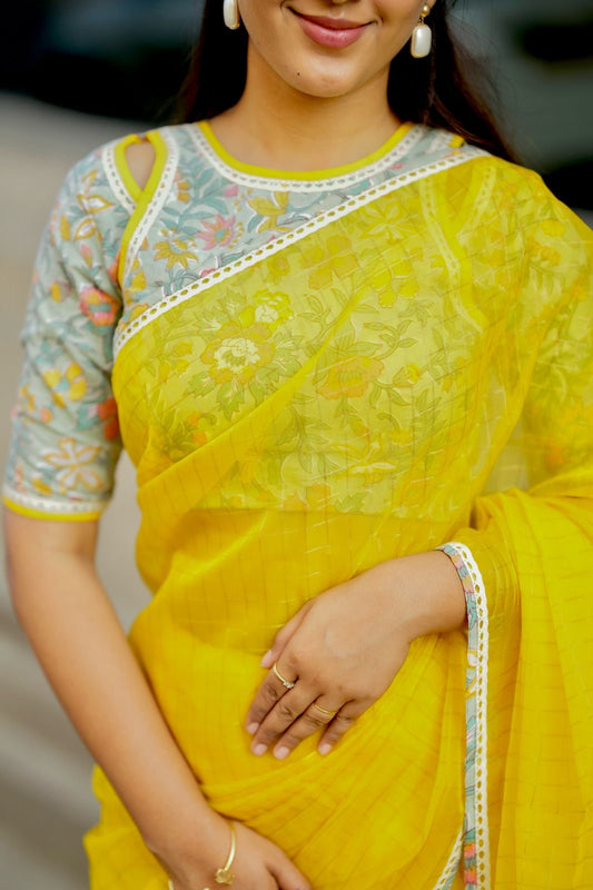 Yellow checked organza with floral cotton blouse