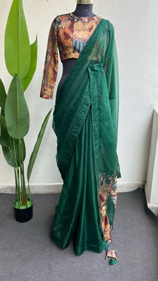 Green soft organza saree with kota kalamkari blouse