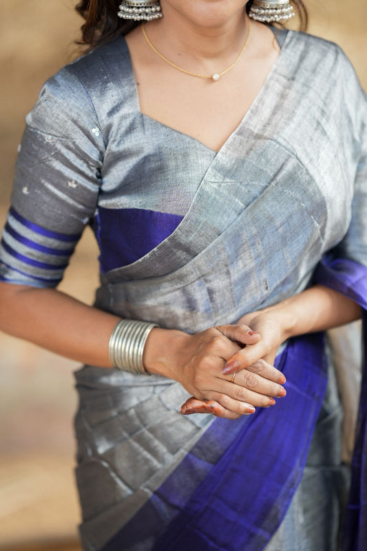Silver grey blue soft tissue saree with handwork blouse