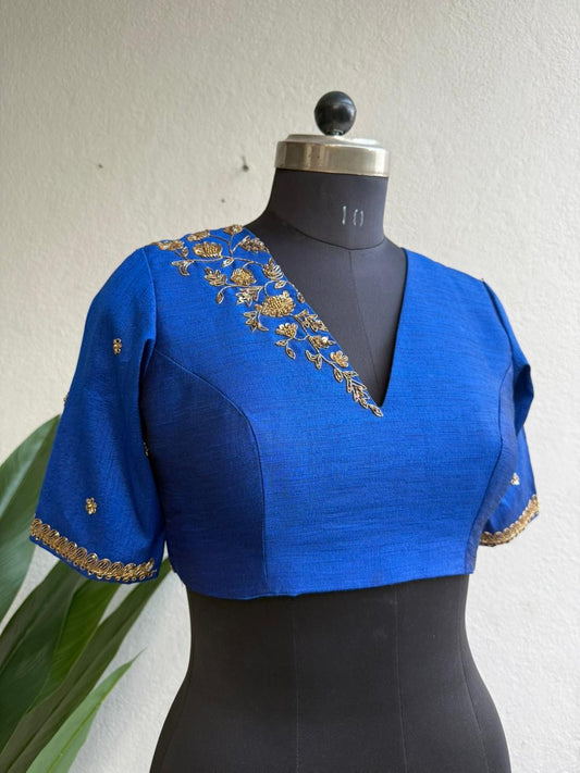 Blue silk shoulder hand worked blouse