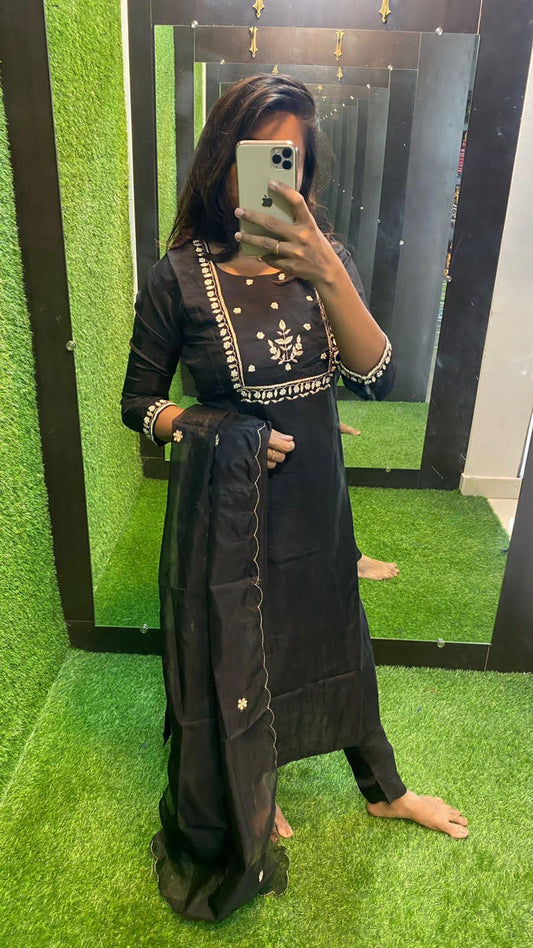 Black silk hand work embroidery 3 piece kurti set - Threads