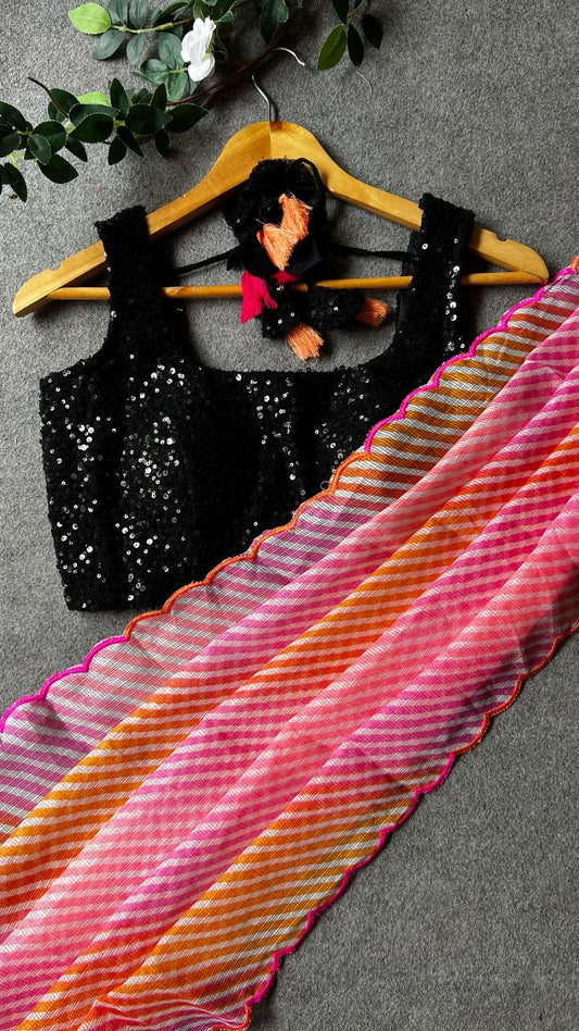 Orange pink kota-lehariya saree with sequins blouse