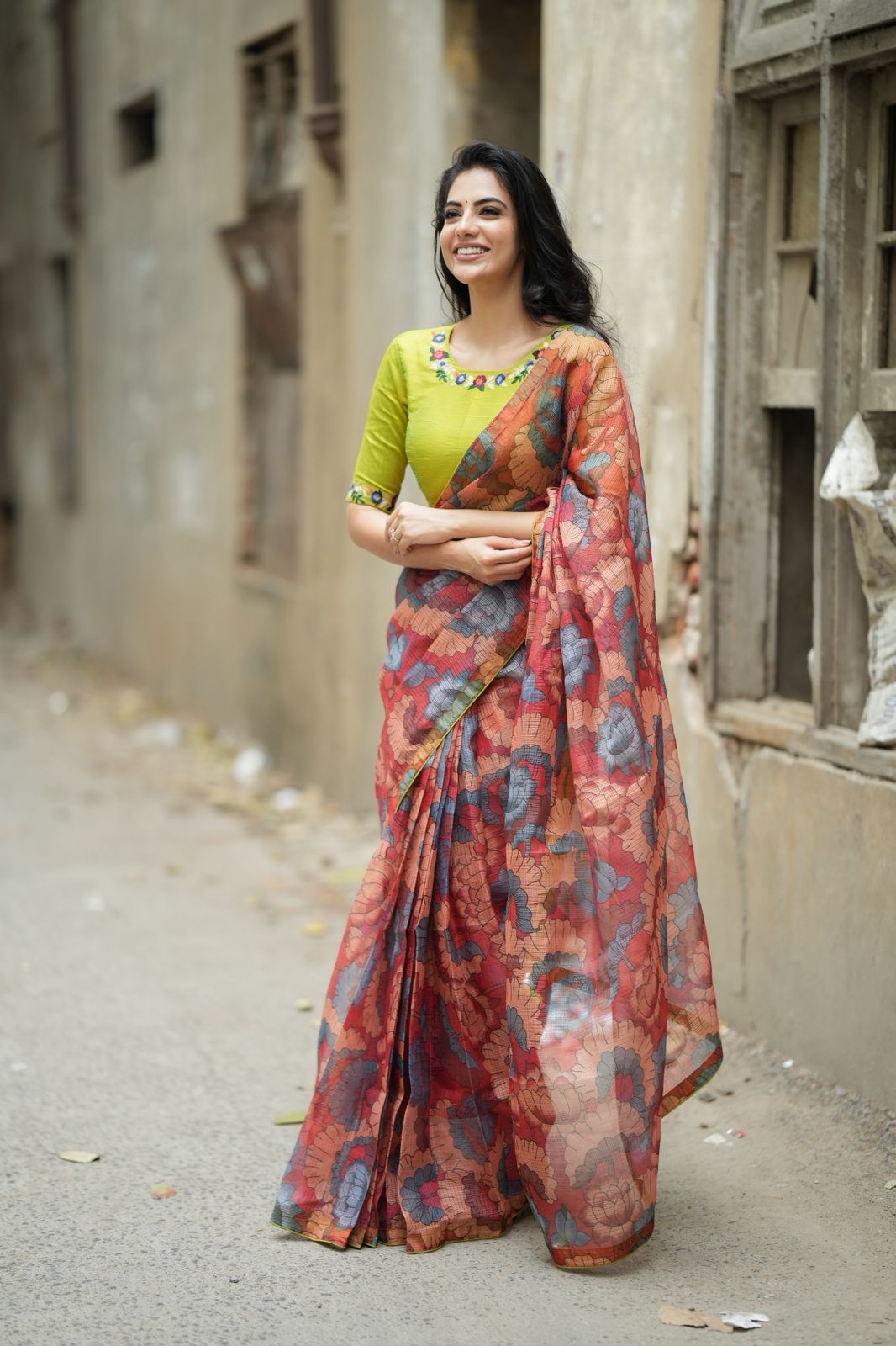 Parrot green floral hand work blouse (only blouse)