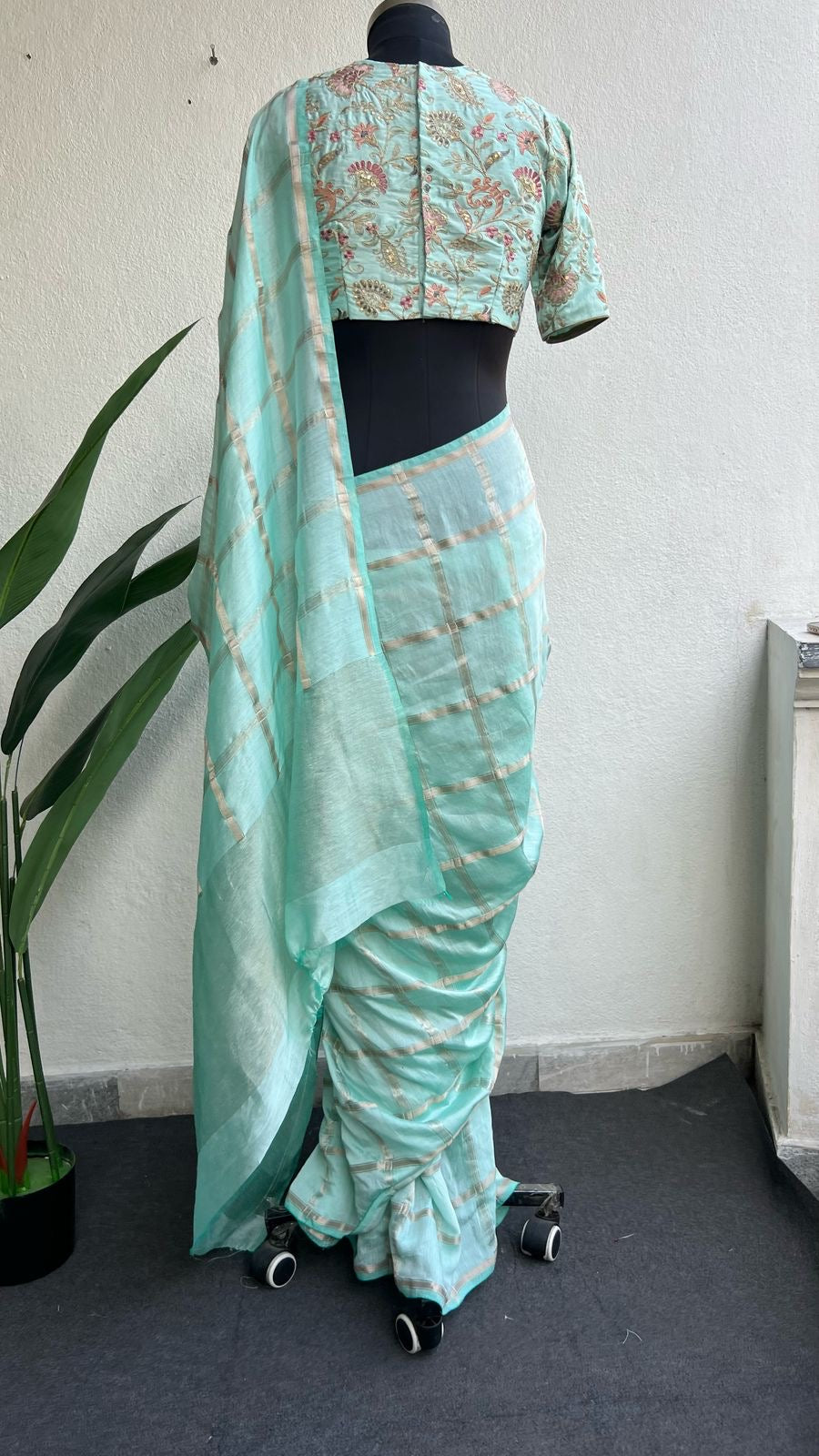 Light blue mul checked silk with embroidery blouse