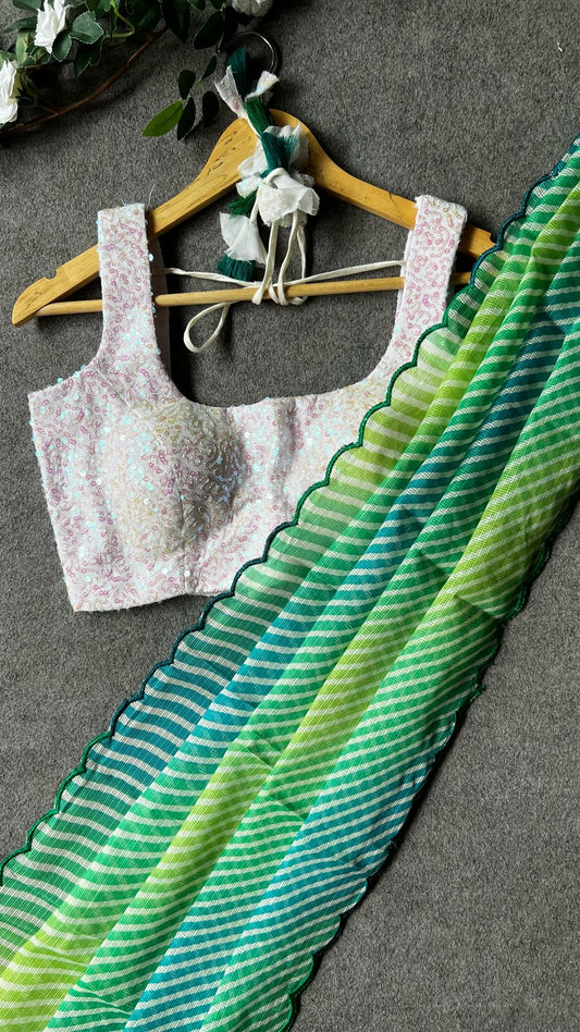 Green multi kota-lehariya saree with sequins blouse