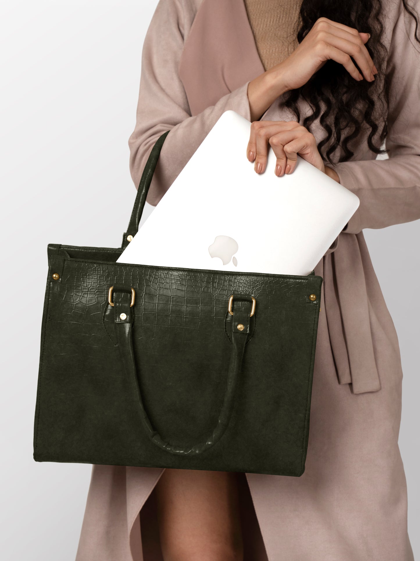 Women dark green solid textured office bag