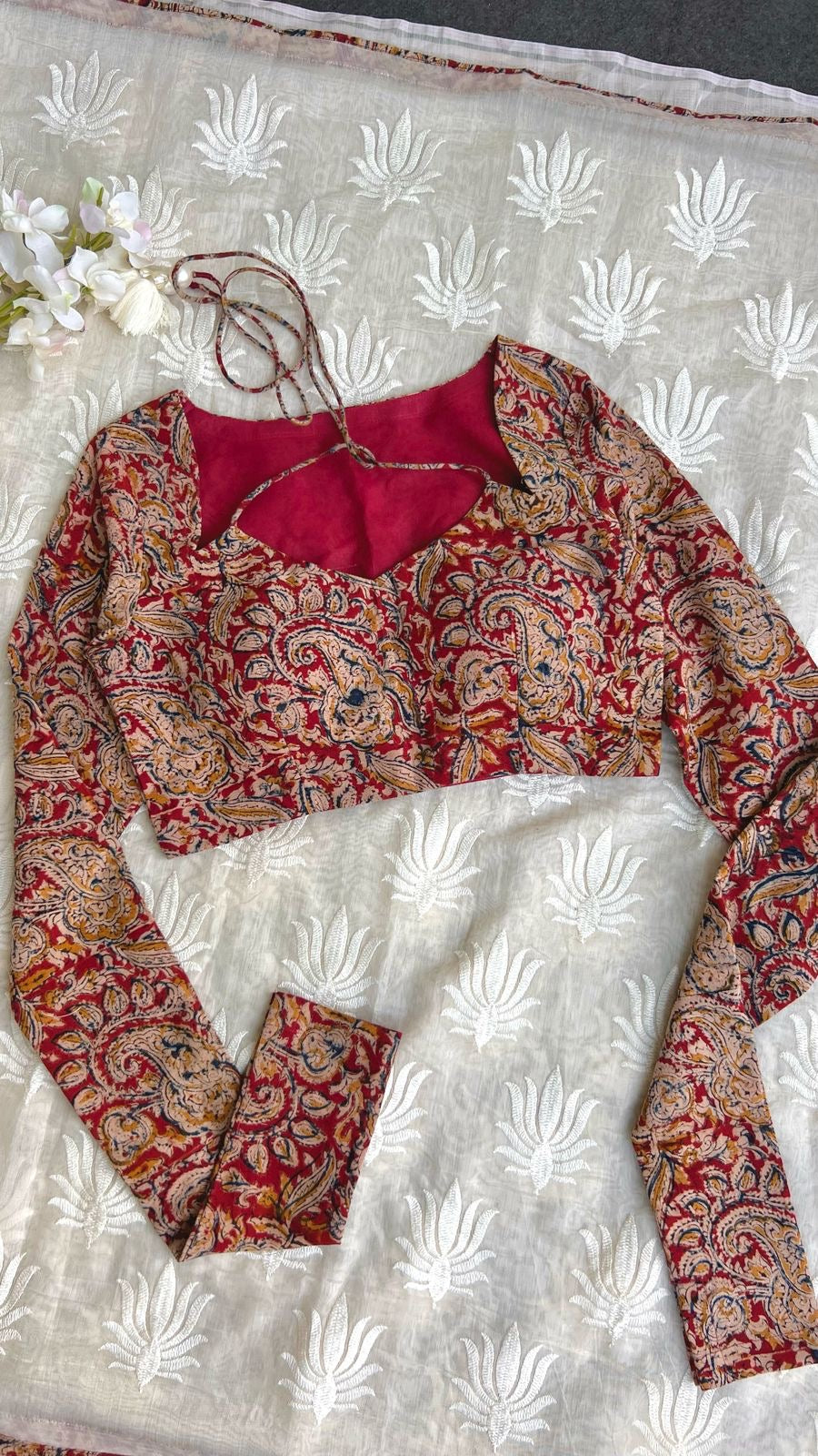 Cream soft chanderi saree with cotton kalamkari blouse