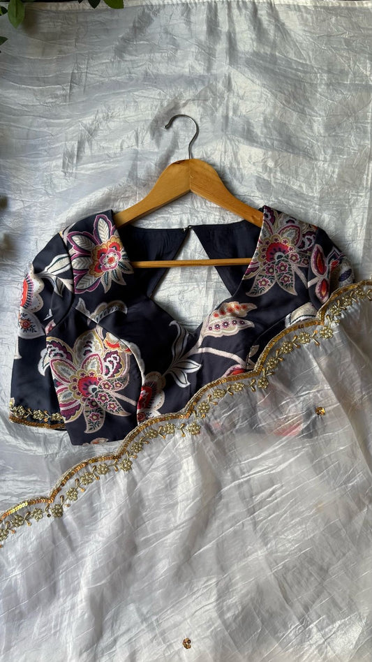 White tissue hand embroidery saree with floral blouse