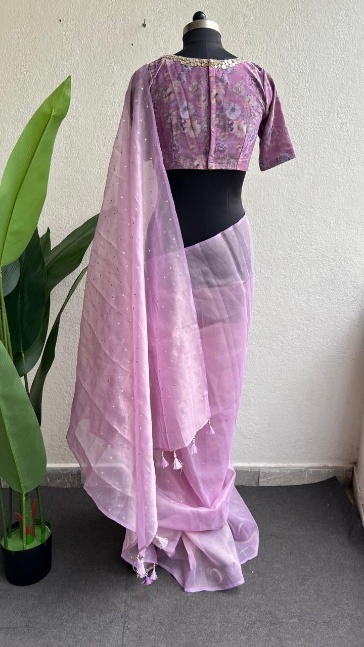 Lavender tissue saree with mirror floral blouse