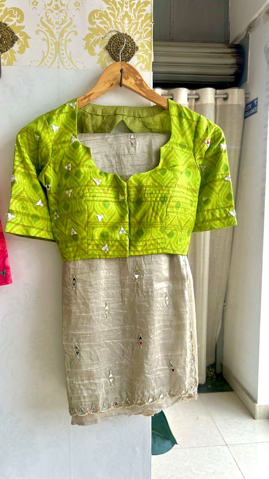 Silver grey tissue mirror work saree with ikkat blouse