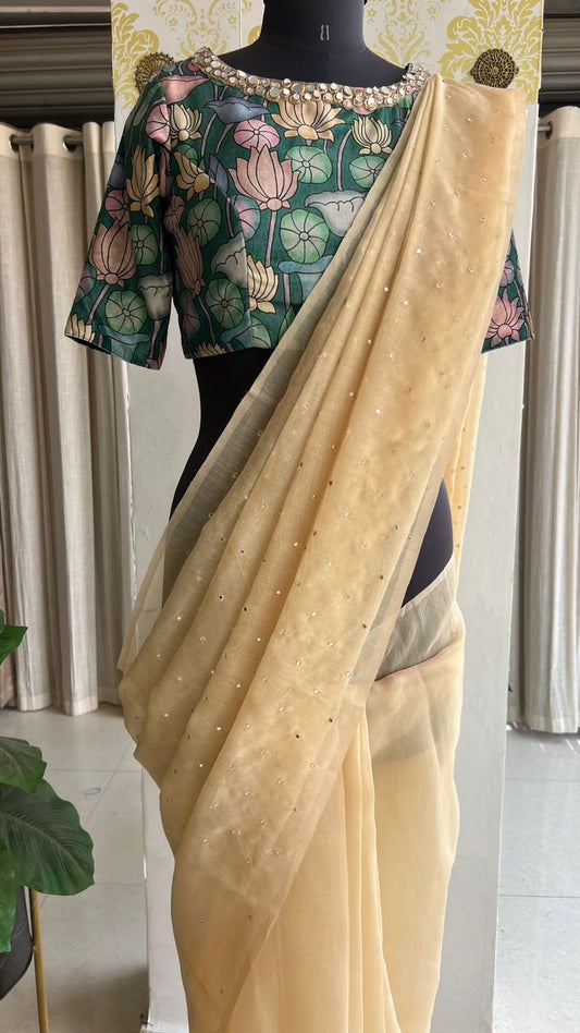 Banana yellow tissue saree with mirror floral blouse