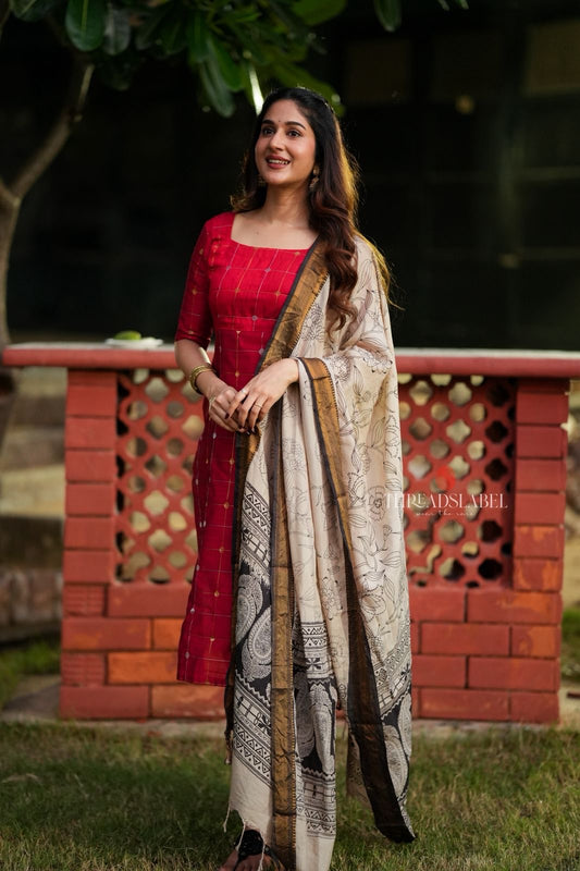Red checked zari woven kurti