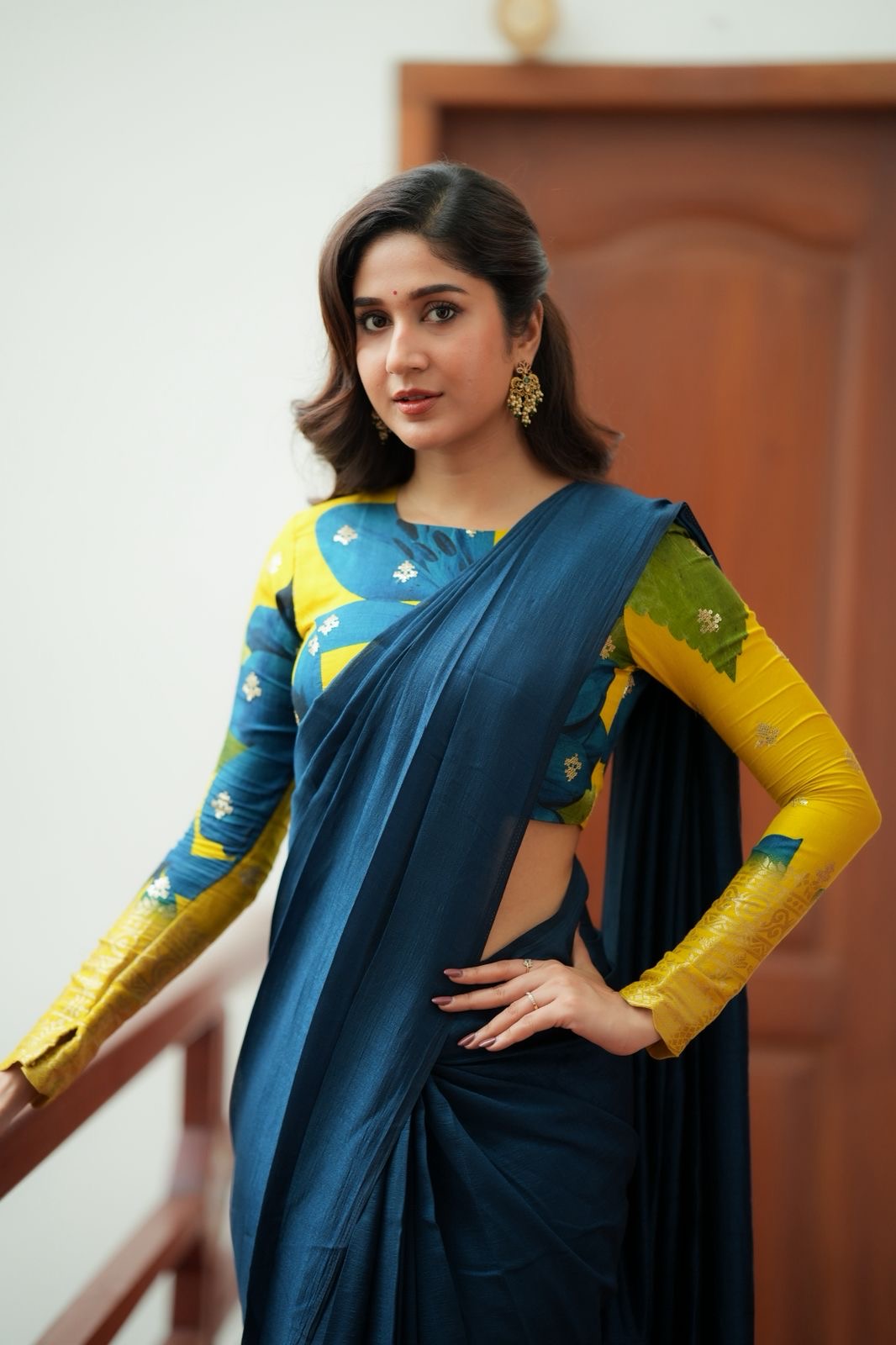 Deep blue marble silk saree with embroidery blouse
