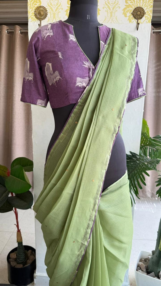 Parrot kota saree with lavender cotton blouse