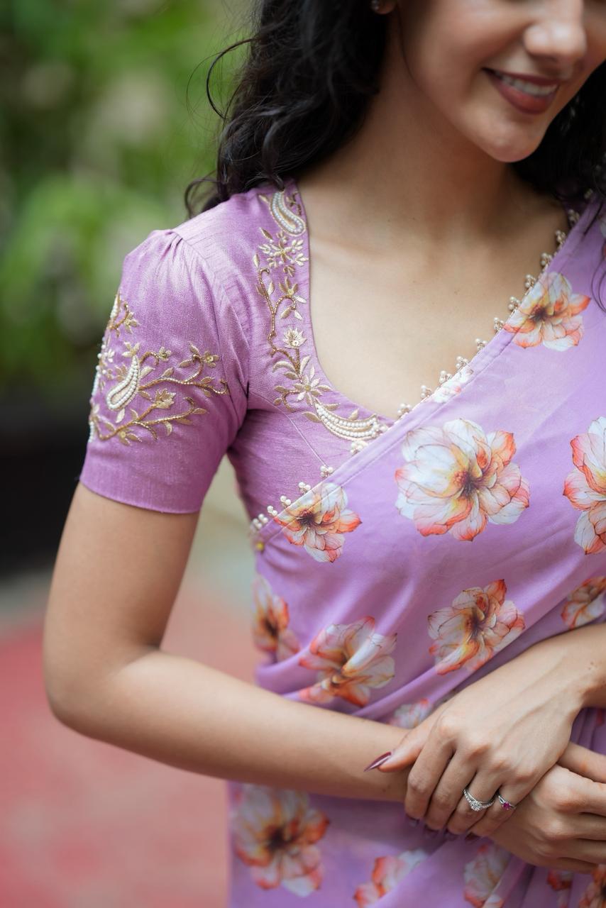 Lavender floral georgette designer saree