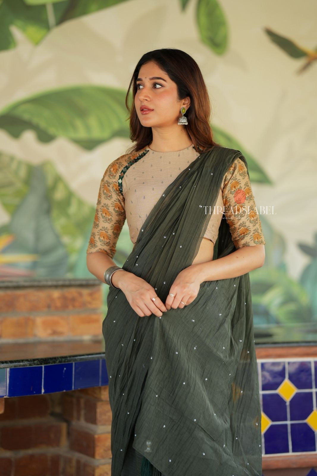 Bottle green mul chanderi saree with mirror work blouse