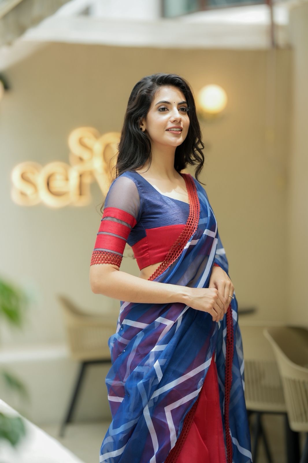 Blue maroon organza saree with patterned blouse