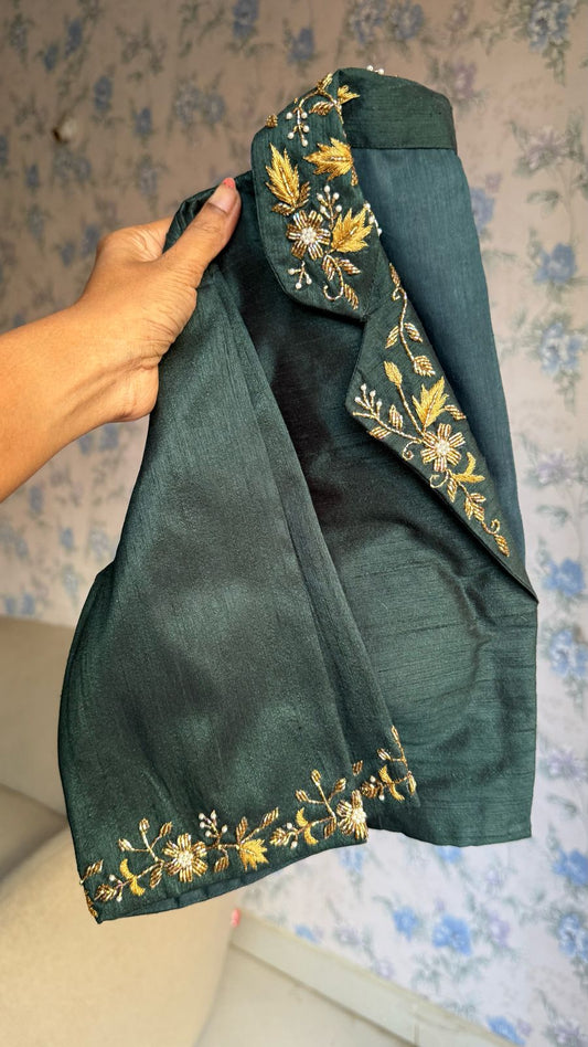 Green silk collar hand worked blouse