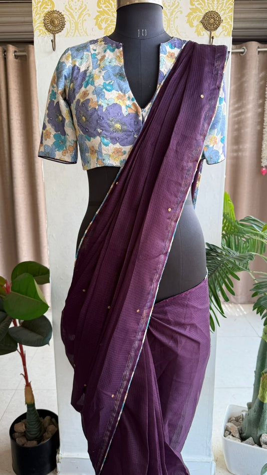 Wine kota saree with lilliac cotton blouse