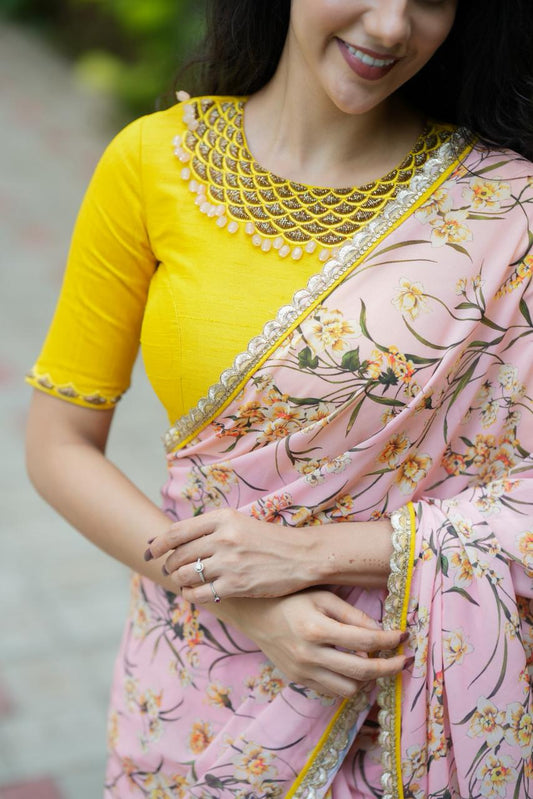 Yellow silk JEWEL NECK hand work blouse