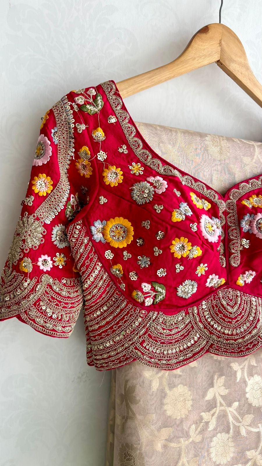 Half white banarasi saree with deep pink silk hand embroidery blouse