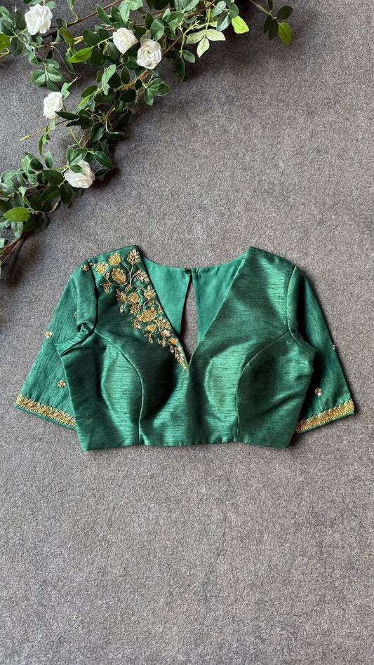 Bottle green silk shoulder hand worked blouse