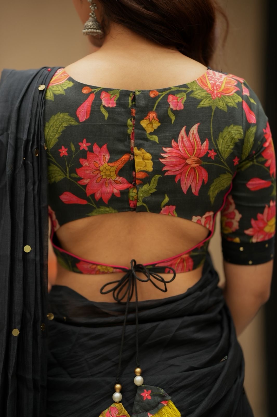 Black chanderi cotton floral print blouse (only blouse)