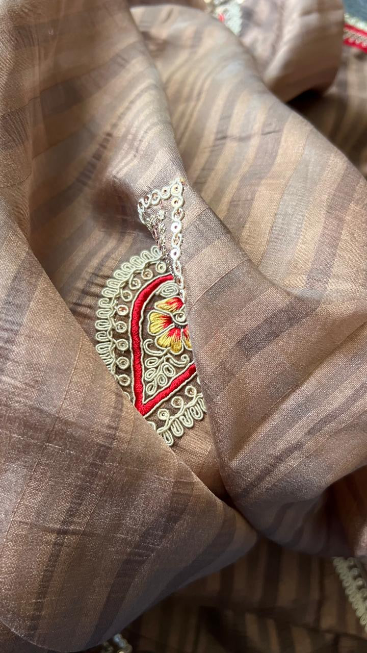 Caramel muslin silk embroidery saree with blouse