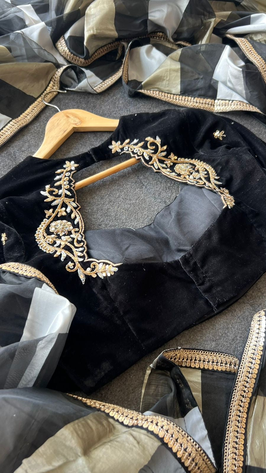 Black & white stripped tissue saree with velvet hand made blouse