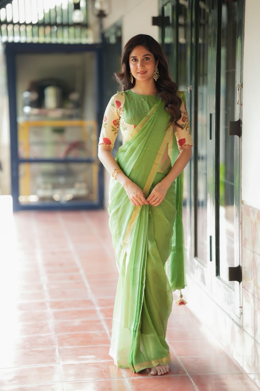 Cream cotton print hand work blouse(only blouse)