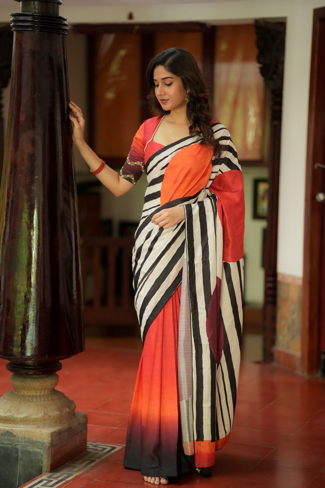 Black & white stripped kossa designer saree
