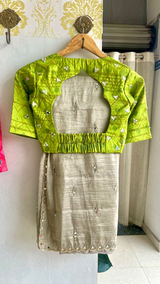 Silver grey tissue mirror work saree with ikkat blouse