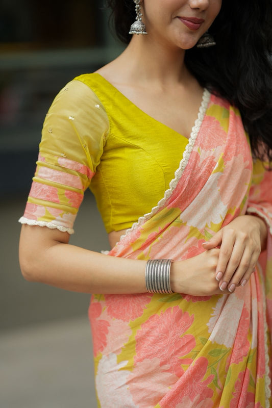 Lime yellow silk & netted hand work blouse (only blouse)