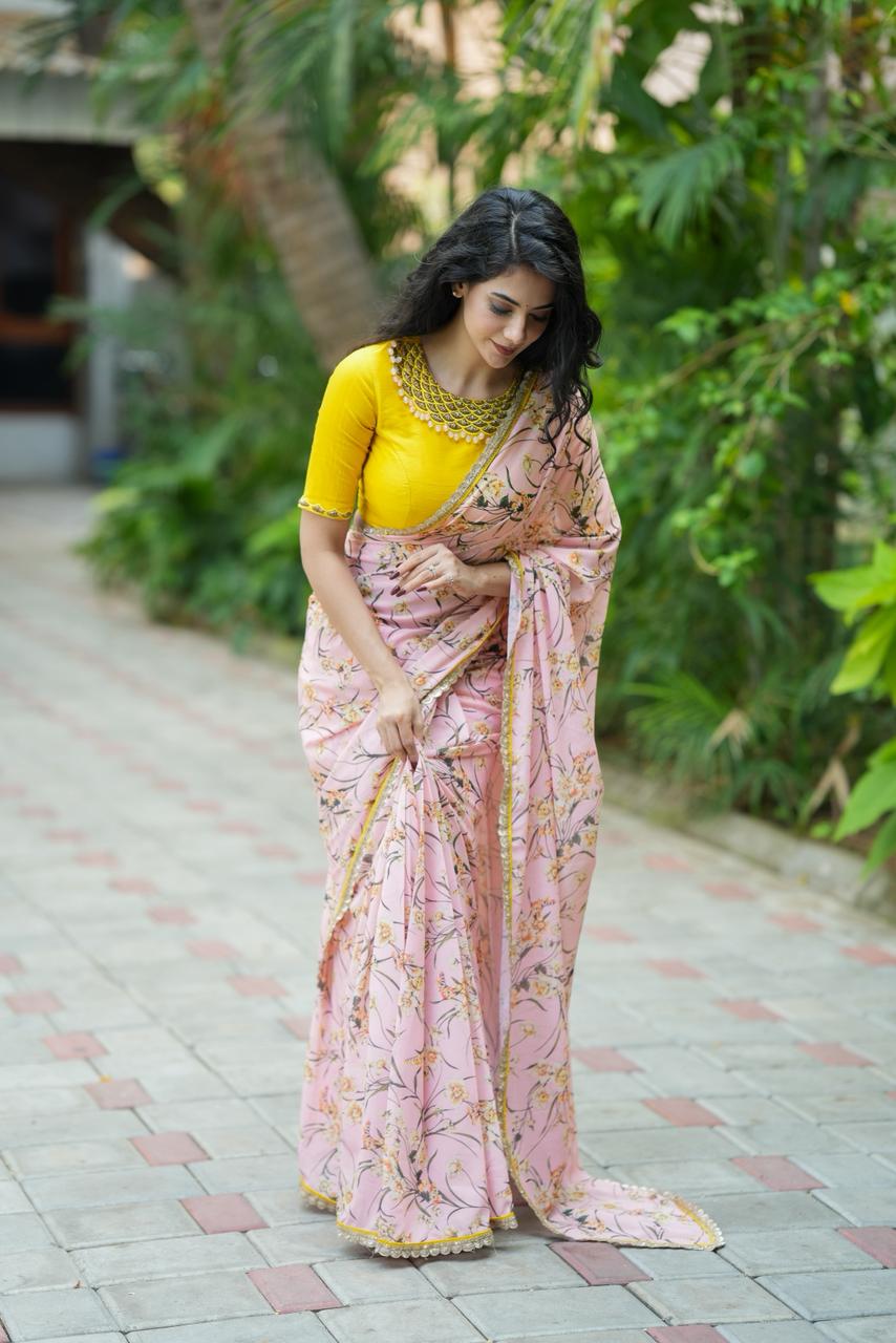 Yellow silk JEWEL NECK hand work blouse