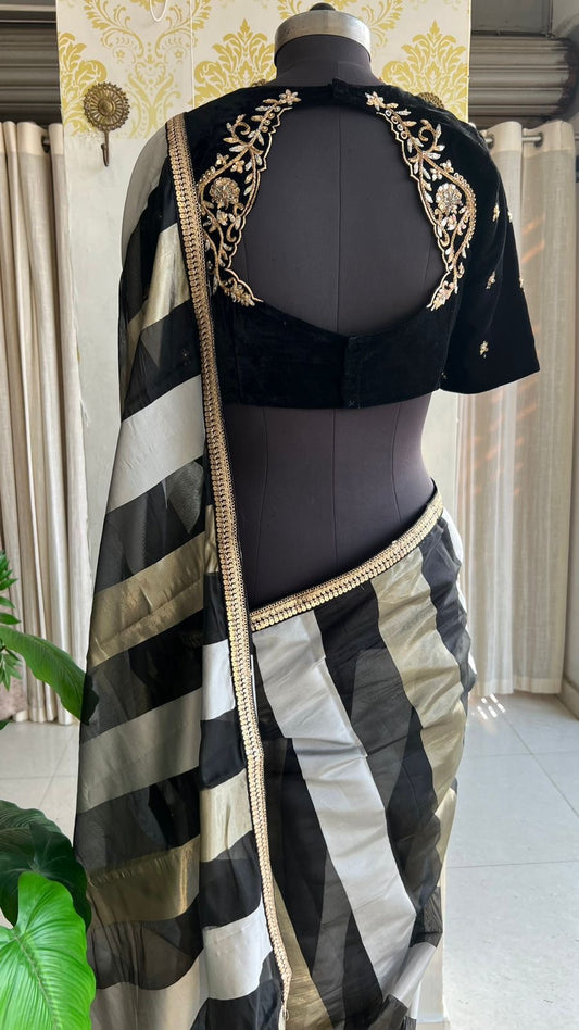 Black & white stripped tissue saree with velvet hand made blouse