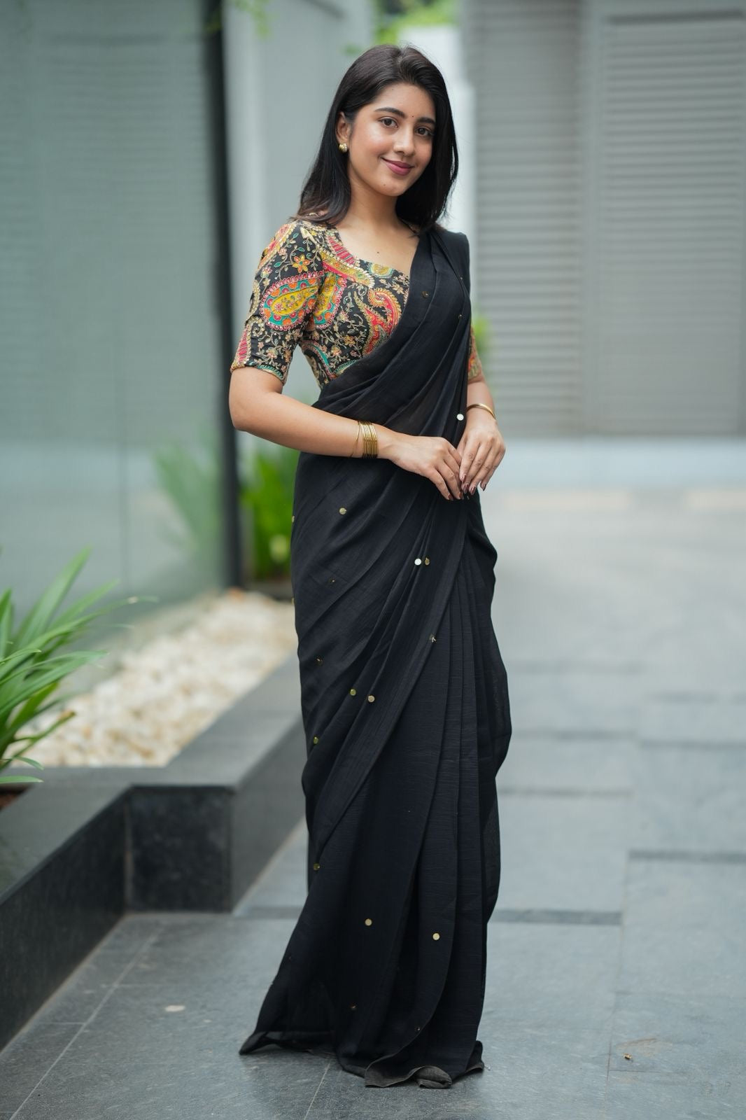 Black malai chanderi saree with heavy embroidery blouse