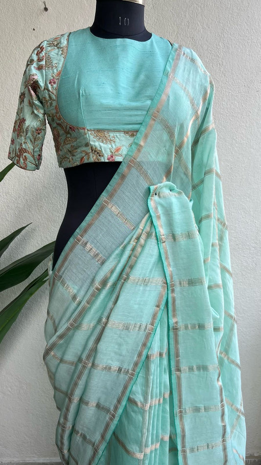 Light blue mul checked silk with embroidery blouse